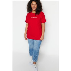 Kırmızı Boyfriend Fit Slogan Baskılı Bisiklet Yaka %100 Pamuk Büyük Beden T-Shirt TBBSS23BF00022