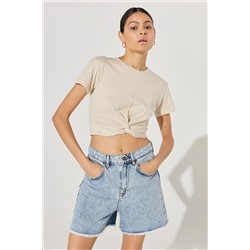 Lee Regular Fit Normal Kesim Bisiklet Yaka Keten Crop Ekru Tişört L231551