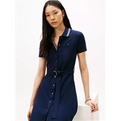 Belted Stretch Pique Polo Midi Dress