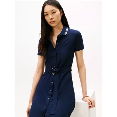 Belted Stretch Pique Polo Midi Dress