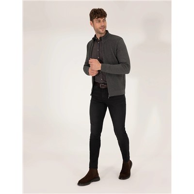 Gri Melanj Slim Fit Triko Hırka