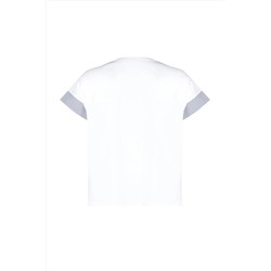 Beyaz Oversize Kolda Çizgili Poplin Kumaş Detaylı %100 Pamuk Örme Büyük Beden T-Shirt TBBSS24BF00001