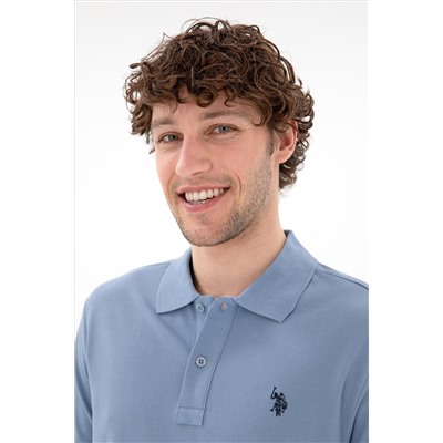Erkek Slim Fit Polo Yaka Mavi Basic Tişört
