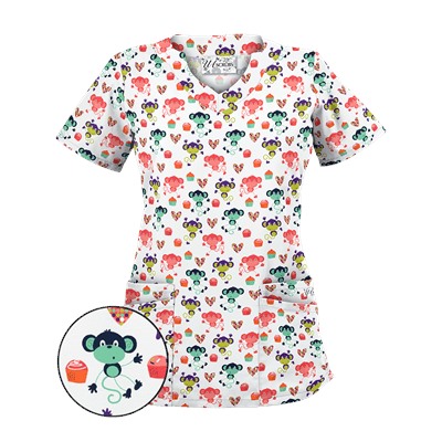 UA Sweet Monkey White Print Scrub Top