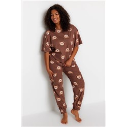 Kahverengi Ayıcık Desenli Örme Pijama Takımı TBBAW23AI00039