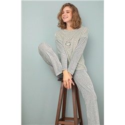 Sevim 13349 Kadın Bisiklet Yaka Kadife Çizgili Pijama Takım