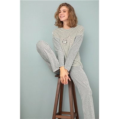 Sevim 13349 Kadın Bisiklet Yaka Kadife Çizgili Pijama Takım