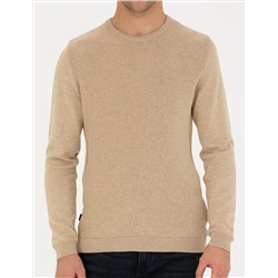 Bej Slim Fit Bisiklet Yaka Triko Kazak