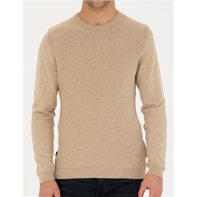Bej Slim Fit Bisiklet Yaka Triko Kazak
