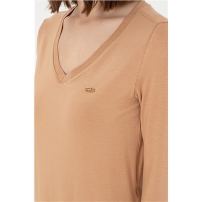 Kadın Camel V Yaka Sweatshirt