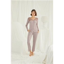 MONAMİSE Kadın Yakası Kolu Ve Omzu Dantelli Önü Boydan Düğmeli Pijama Takımı MS18K18434