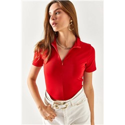 Olalook Kadın Kırmızı Fermuarlı Likral Crop Bluz BLZ-19002350