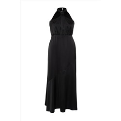 Siyah Halter Yaka Saten Maxi/Uzun Boy Büyük Beden Party/Mezuniyet/Abiye Elbise TBBSS24AH00150