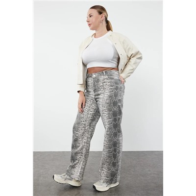 Gri Yüksek Bel Animal Desenli Straight Fit Büyünk BedenJeans TBBAW25CJ00008