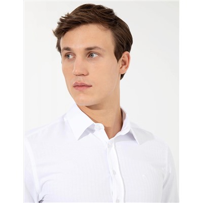 Beyaz Slim Fit Armürlü Klasik Gömlek