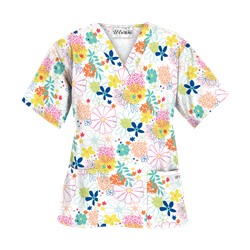 UA Floral Comfort White V-Neck Print Scrub Top