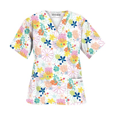 UA Floral Comfort White V-Neck Print Scrub Top
