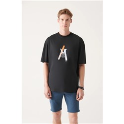 Avva, Erkek Siyah %100 Pamuk Bisiklet Yaka Baskılı T-shirt A31y1154
