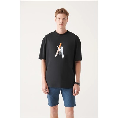 Avva, Erkek Siyah %100 Pamuk Bisiklet Yaka Baskılı T-shirt A31y1154