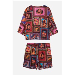Çok Renkli Tropikal Desenli Bağlama Detaylı Beachwear Büyük Beden Alt-Üst Takım TBBSS25CP00001