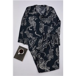 Antrasit Gömlek Yaka Kaplan Desenli Viskon Dokuma Pijama Takımı TBBAW25AI00007