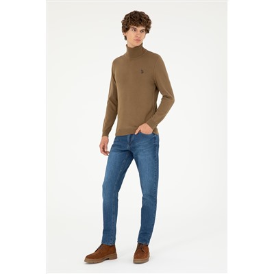 Erkek Slim Fit Boğazlı Yaka Haki Basic Kazak