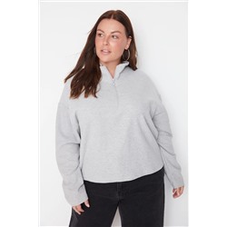 Gri Selanik/Triko Görünümlü Fermuarlı Yaka Regular/Normal Kalıp Örme Sweatshirt TBBAW23AO00006