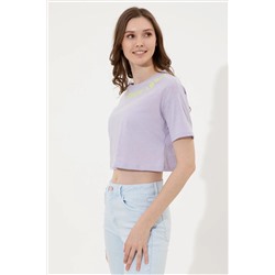 Kadın Lila Bisiklet Yaka Crop Tişört