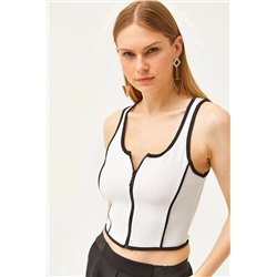 Olalook, Kadın Beyaz Bloklu Fermuarlı Crop Ottoman Bluz BLZ-19002533