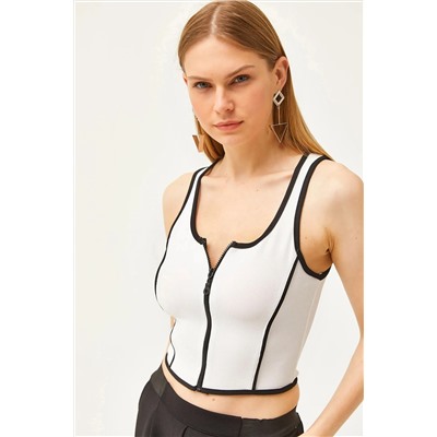 Olalook, Kadın Beyaz Bloklu Fermuarlı Crop Ottoman Bluz BLZ-19002533