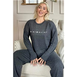 Pijamaevi Siyah Minimalist Baskılı Bambu Uzun Kol Kadın Pijama Takımı 2217