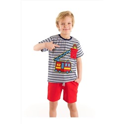 Denokids İtfaiye Köpek Erkek Çocuk Gri Çizgili T-shirt Kırmızı Şort Takım CFF-22Y2-031