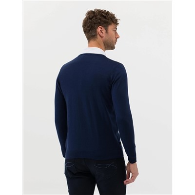 Açık Lacivert Slim Fit V Yaka Basic Triko Kazak