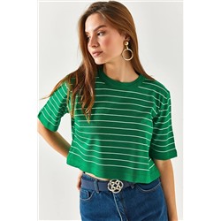 Olalook Kadın Çimen Yeşili Bisiklet Yaka Çizgili Crop Triko Bluz BLZ-19002353