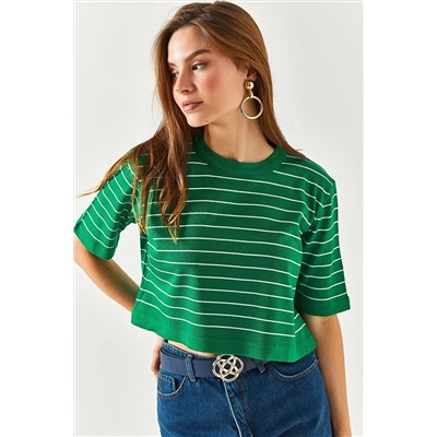 Olalook Kadın Çimen Yeşili Bisiklet Yaka Çizgili Crop Triko Bluz BLZ-19002353
