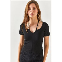 Olalook Kadın Siyah Roba Çapraz Krep Bluz BLZ-19002346