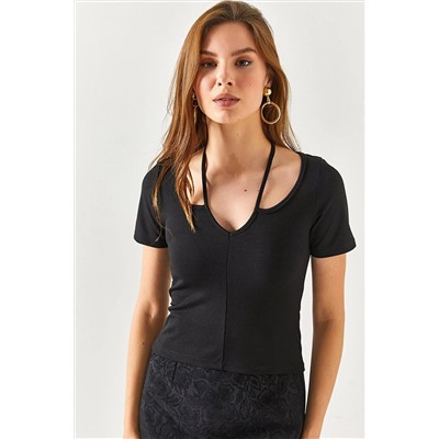 Olalook Kadın Siyah Roba Çapraz Krep Bluz BLZ-19002346