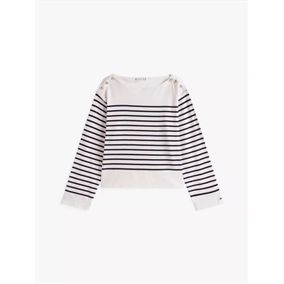 Gold-Button Stripe Long-Sleeve T-Shirt