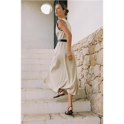 BELTED LINEN BLEND MIDI DRESS