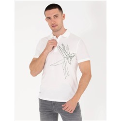 Ekru Slim Fit Baskılı Polo Yaka Tişört