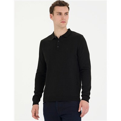 Siyah Slim Fit Polo Yaka Basic Triko Kazak
