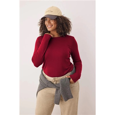 Bordo Premium Yumuşak Kumaşlı Viskon Bisiklet Yaka Crop Esnek Örme Bluz TBBAW25AF00027