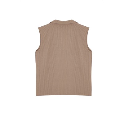 Bej Fitted/Vücuda Oturan Polo Yaka Esnek Örme Büyük Beden Bluz TBBSS24AF00065