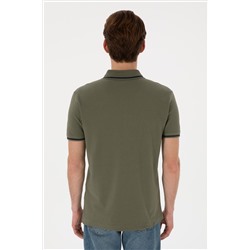 Erkek Slim Fit Polo Yaka Koyu Haki Basic Tişört