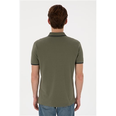Erkek Slim Fit Polo Yaka Koyu Haki Basic Tişört