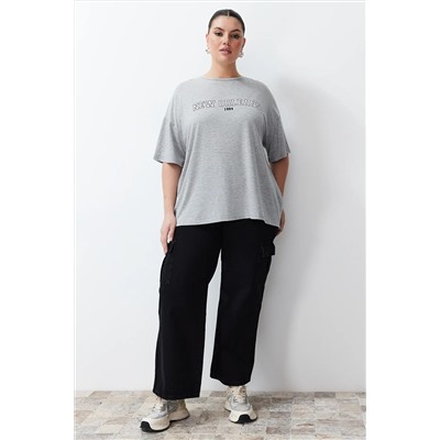 Gri Melanj Baskılı Oversize %100 Pamuk Örme T-shirt TBBSS24BF00020