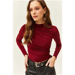 Olalook Kadın Bordo Dik Yaka Büzgü Detaylı Likralı Bluz BLZ-19002426