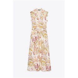 PRINTED LINEN BLEND MIDI DRESS