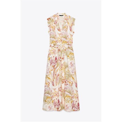 PRINTED LINEN BLEND MIDI DRESS