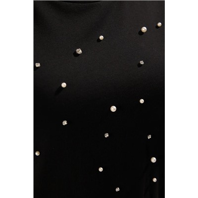 Siyah Bisiklet Yaka Taşlı Büyük Beden Örme Elbise TBBSS25AH00057